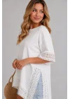Kadın Beyaz Güpür Dantel Detaylı Asimetrik Pamuk Modal Bluz T-Shirt