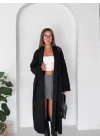 Kadın Siyah Pamuklu Uzun Kimono Yaka Oversize Triko Hırka