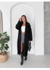 Kadın Siyah Pamuklu Uzun Kimono Yaka Oversize Triko Hırka