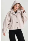 Kadın Bej Kapüşonlu İçi Astarlı Düğmeli Yarasa Kol Oversize Kısa Trençkot
