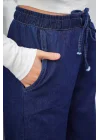 Kadın Koyu Mavi Beli Lastikli Bağcıklı Dökümlü Geniş Paça Pinterest Palazzo Kot Pantolon