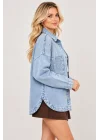 Kadın Açık Mavi Omuz ve Cep Taş İşlemeli Düğmeli Bohem Pinterest Oversize Kot Ceket