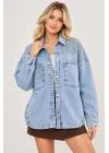 Kadın Açık Mavi Omuz ve Cep Taş İşlemeli Düğmeli Bohem Pinterest Oversize Kot Ceket