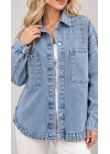 Kadın Açık Mavi Omuz ve Cep Taş İşlemeli Düğmeli Bohem Pinterest Oversize Kot Ceket