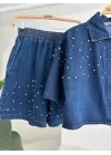 Taş Detaylı Gömlek Şort Denim Takım 10175