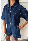 Taş Detaylı Gömlek Şort Denim Takım 10175