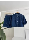 Taş Detaylı Gömlek Şort Denim Takım 10175
