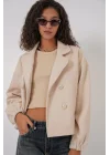 9117 Kruvaze Yaka Crop Ceket - Bej