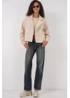 9117 Kruvaze Yaka Crop Ceket - Bej
