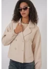 9117 Kruvaze Yaka Crop Ceket - Bej