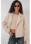 9117 Kruvaze Yaka Crop Ceket - Bej