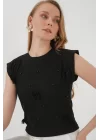 929 Kısa Kol Örme Bluz - Siyah