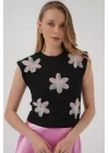 930 Kısa Kol Desenli Crop Bluz - Siyah