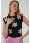 930 Kısa Kol Desenli Crop Bluz - Siyah