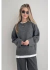 Kadın Antrasit Bisiklet Yaka Balon Kol Oversize Triko Kazak