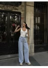 Arkadan Yırtmaçlı Jeans Kot Palazzo Pantolon - Mavi