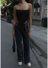 Arkadan Yırtmaçlı Jeans Kot Palazzo Pantolon - Siyah