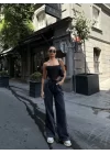 Arkadan Yırtmaçlı Jeans Kot Palazzo Pantolon - Siyah