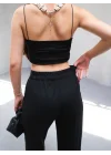 Arkasi Lasti̇kli̇ Pi̇leli̇ Dökümlü Wide Leg Pantolon