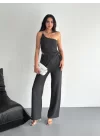 Asimetrik Crop Pantalon Ikili Takım - Füme