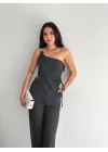 Asimetrik Crop Pantalon Ikili Takım - Füme