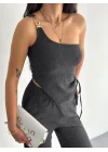 Asimetrik Crop Pantalon Ikili Takım - Füme