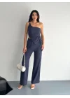 Asimetrik Crop Pantalon Ikili Takım - Lacivert