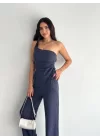 Asimetrik Crop Pantalon Ikili Takım - Lacivert