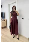 Asimetrik Düşük Yaka Kolsuz Uzun Elbise - Bordo