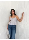 Askılı Dekolte Deraylı Crop - Beyaz