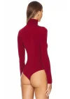 MetuCa Kadın Bordo Balıkçı Yaka Uzun Kollu İpek Jarse Kumaş Tanga Kesim Bodysuit Zıbın