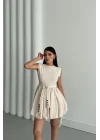 BALON ETEKLİ TASARIM KISA ELBİSE - Bej