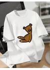 Baskılı Oversize Bisiklet Yaka T-shirt - Beyaz
