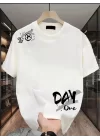 Baskılı Oversize Bisiklet Yaka T-shirt - Beyaz