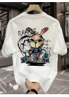 Baskılı Oversize Bisiklet Yaka T-shirt - Beyaz