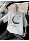 Baskılı Oversize Bisiklet Yaka T-shirt - Beyaz