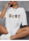 Baskılı Oversize Bisiklet Yaka T-shirt - Beyaz