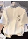 Baskılı Oversize Bisiklet Yaka T-shirt - Beyaz
