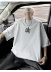 Baskılı Oversize Bisiklet Yaka T-shirt - Beyaz