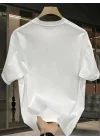 Baskılı Oversize Bisiklet Yaka T-shirt - Beyaz