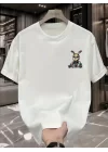 Baskılı Oversize Bisiklet Yaka T-shirt - Beyaz