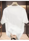Baskılı Oversize Bisiklet Yaka T-shirt - Beyaz