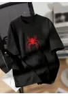 Baskılı Oversize Bisiklet Yaka T-shirt - Siyah
