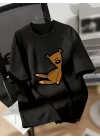 Baskılı Oversize Bisiklet Yaka T-shirt - Siyah