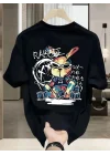 Baskılı Oversize Bisiklet Yaka T-shirt - Siyah