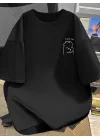 Baskılı Oversize Bisiklet Yaka T-shirt - Siyah