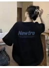 Baskılı Oversize Bisiklet Yaka T-shirt - Siyah