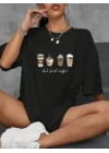 Baskılı Oversize Bisiklet Yaka T-shirt - Siyah