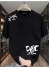 Baskılı Oversize Bisiklet Yaka T-shirt - Siyah