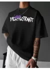 Baskılı Oversize Bisiklet Yaka T-shirt - Siyah
